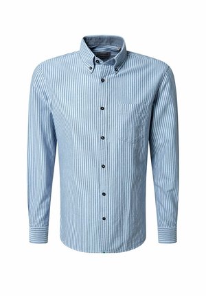 Lichtblauw overhemd met lange mouwen, dunne witte strepen, button-down kraag, zwarte knopen, enkele borstzak en met knopen afgewerkte mouwen.