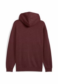 Bordeaux hoodie met een zachte textuur, voorzien van een grote capuchon, lange mouwen en ribgebreide manchetten en zoom. De achterkant toont minimale details.