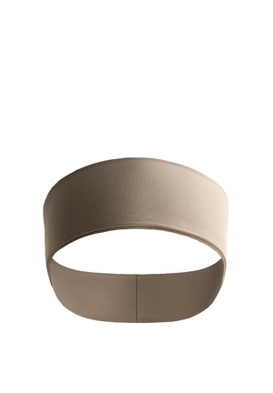Fascia per capelli larga beige in tessuto elasticizzato, mostrata piatta su sfondo bianco.