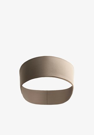 Fascia per capelli larga beige in tessuto elasticizzato, mostrata piatta su sfondo bianco.