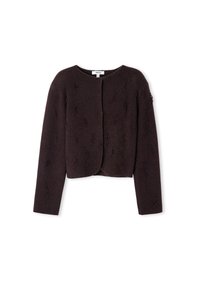 Bruine cropped jas van textuurstof met lange mouwen, voorzien van een ronde halslijn en een voorknoopsluiting, versierd met verspreide pluisaccenten.