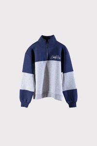 Marineblauw en grijs gekleurde color-blocked sweatshirt met een halve rits kraag, geribde mouwen en een relaxte pasvorm. Heeft geborduurde tekst aan de voorkant.