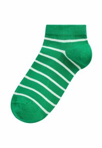 Grüne Knöchelsocke mit weißen horizontalen Streifen. Hergestellt aus weichem Textil, mit einem gerippten Bündchen und einer gerundeten Zehenpartie.