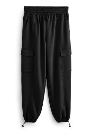 Black cargo jogger pants with elastic waistband, drawstring, side pockets, and elastic cuffs with adjustable toggles.