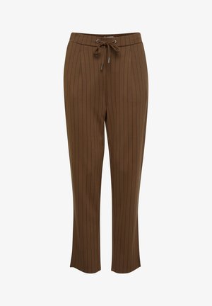 Brown, pinstripe pants with a drawstring waist, tapered design, smooth texture, and side band accents. Casual and tailored fit.
