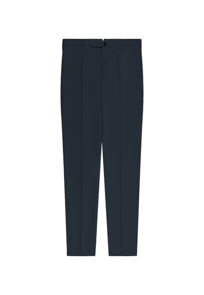 Navy blue tailored trousers with belt loops, front zipper, and straight legs, displayed flat on a white background.
