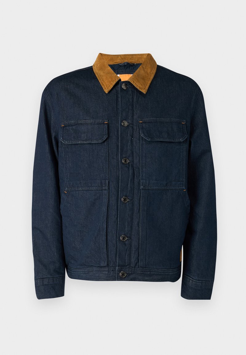 Jeansowa kurtka z brązowym kołnierzem z sztruksu, z przodem zapinanym na guziki i dwoma kieszeniami na piersi. Posiada ciemnoniebieski materiał i prosty krój.