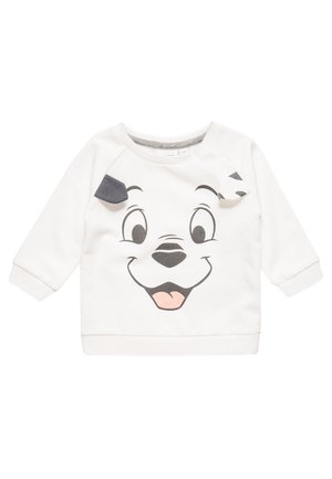 Weißes Kinder-Sweatshirt mit einem lächelnden Cartoon-Hundegesicht und zwei Stoffohren, die nahe am Halsausschnitt befestigt sind.