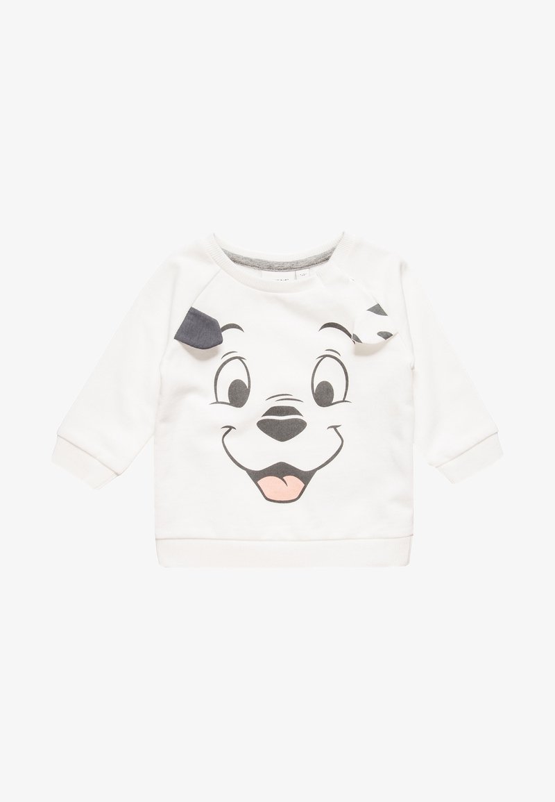 Sweat-shirt blanc pour enfants avec un visage de chien souriant de dessin animé et deux oreilles en tissu attachées près de l'encolure.