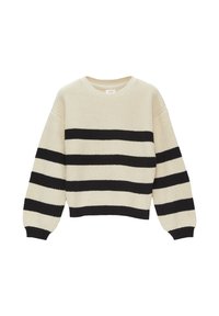 Pull en maille crème avec de larges rayures horizontales noires. Il présente un col rond et des manches longues bouffantes amples avec des bords côtelés.