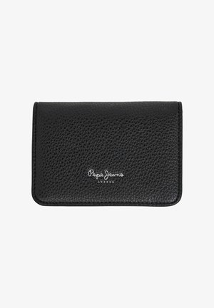 Zwarte leren portefeuille met een gestructureerd oppervlak, met een zilveren logo "Pepe Jeans London" in het midden onderaan. Rechthoekige vorm, compact ontwerp.