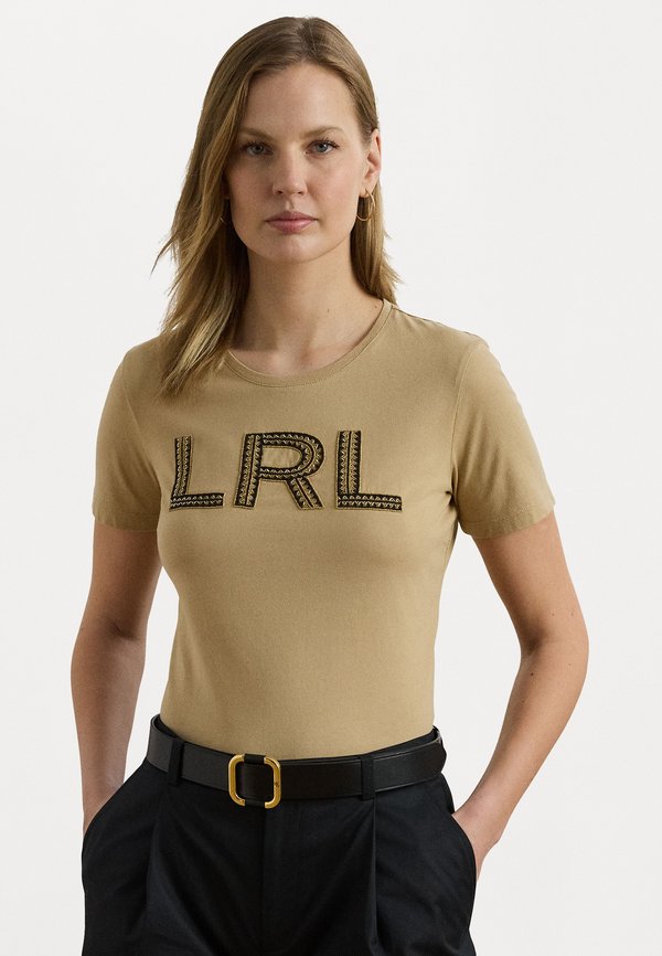 Beaded Logo Cotton Jersey Tee - Print T-shirt - birch tan