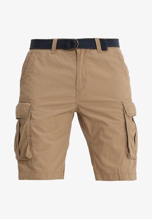 Shorts cargo kaki avec une ceinture marine. Comprend des poches latérales et une coupe ample. Fabriqués en tissu léger avec une texture douce.