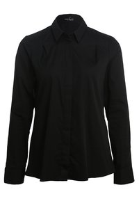 Black long-sleeve shirt made of smooth fabric, featuring a classic collar, front button closure, and subtle pleats on the shoulders.