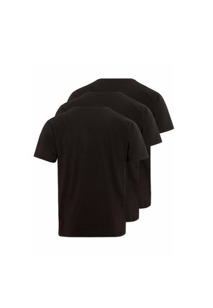 Schwarze Baumwoll-T-Shirts mit kurzen Ärmeln und Rundhalsausschnitt, in einer gestapelten Anordnung präsentiert. Einfaches Design ohne Muster oder Akzente.