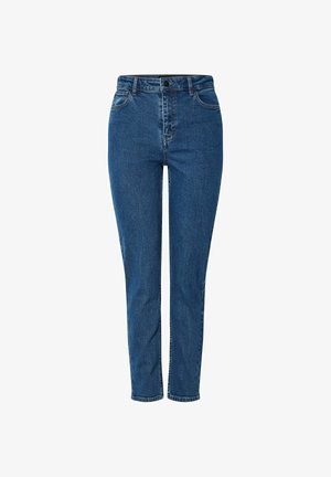 Jean en denim taille haute bleu moyen, avec une coupe ajustée, un design à cinq poches et une texture lisse avec un minimum d'effilochage.