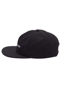 Black baseball cap made of cotton. Features a flat brim, structured crown, and embroidered logo on the front. No visible patterns or accents.