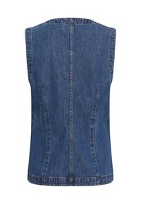 Varrukateta sinine teksavest vertikaalsete õmblustega ja sirge äärega, esitatud tagant valgel taustal.