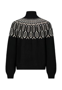 Schwarzer Pullover mit hohem Kragen, komplexem weißen geometrischen Muster an der Schulterpartie sowie gerippten Bündchen und Saum. Aus weichem Strickstoff.