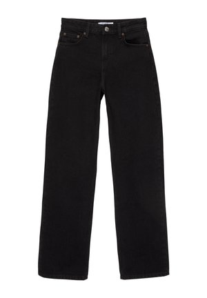 Jean large en denim noir avec une taille haute, design à cinq poches et détails de couture subtils. Tissu résistant avec une texture lisse.