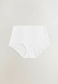 Witte hoog-waisted onderbroek van zacht materiaal, met een gladde structuur en delicate afwerking, voorzien van een klein strikje aan de achterkant.