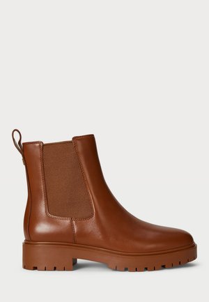 Brown leather ankle boots with elastic side panels, a pull tab, and a rugged sole design. Smooth texture with a sleek silhouette.