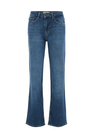 Blå denim jeans med høj talje, knaplukning, forlommer og let udvidede ben.