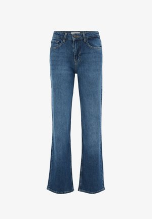 Sinised teksapüksid kõrge talje, nööpidega sulgumise, ees taskute ja kergelt lehvikukujuliste säärtega.