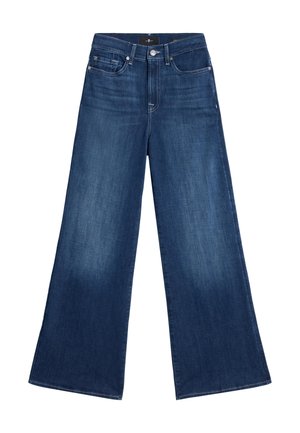 Donkerblauwe denim broek met wijde pijpen, voorzien van een knoop- en ritssluiting aan de voorkant, vijfzakkenontwerp en subtiele vervaging op de dijen.