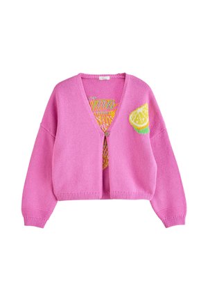 Pink knitted cardigan with a single button, featuring a lemon slice design on the front right side and colorful fruit detail inside.