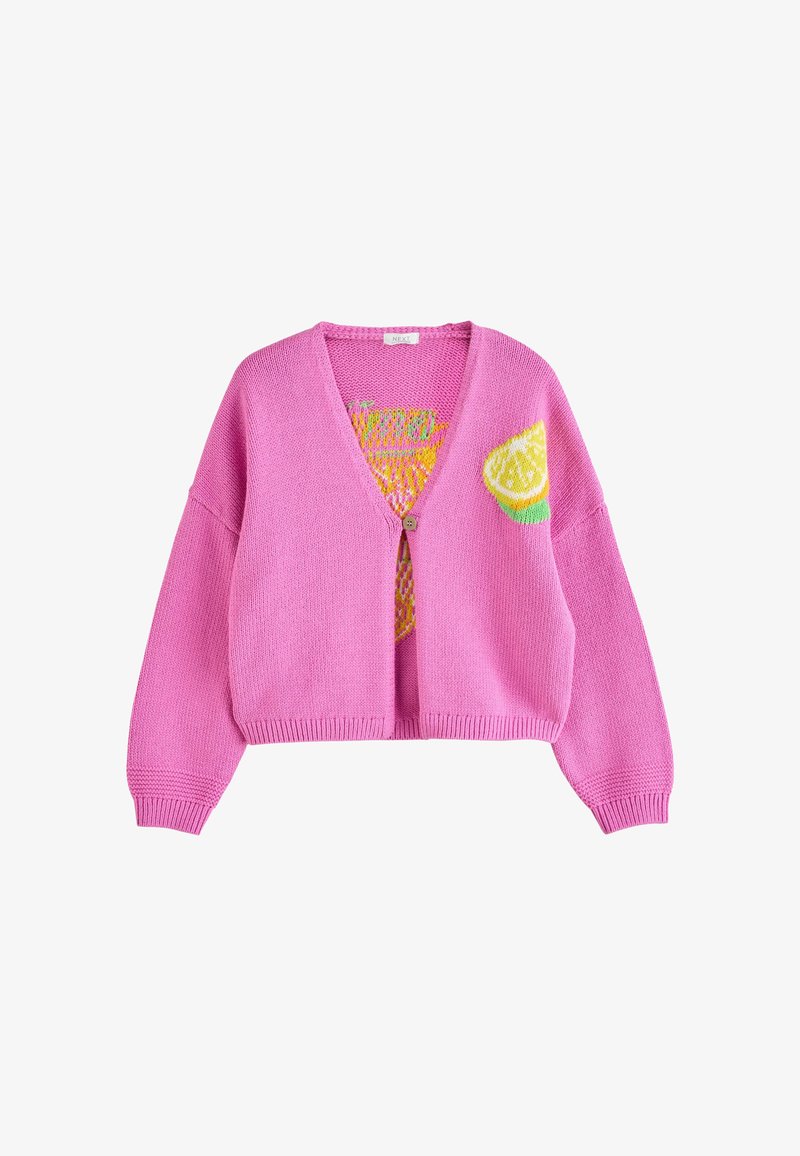 Ružový pletený sveter na gombíky s motívom plátku citróna na prednej pravej strane a farebným ovocným detailom vo vnútri.