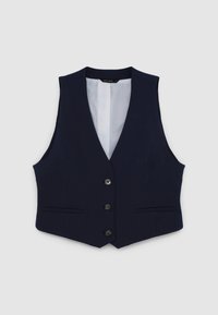 Gilet blu navy con scollo a V, design senza maniche, cinque bottoni neri e due tasche frontali. Interno con fodera bianca.