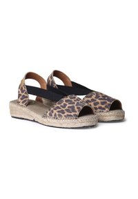 Espadrille sandals with a leopard print canvas upper, black elastic straps, and espadrille jute-wrapped midsole. Open-toe design.