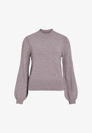 Lys grå strikket sweater med høj hals, puffede skuldre og ribbede manchetter. Blød tekstur og let tætsiddende design.