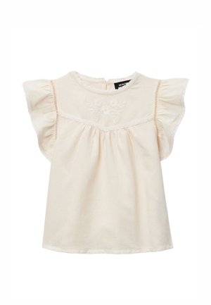 Blouse à manches courtes couleur crème avec broderie florale sur la poitrine, bordure en dentelle sur les manches et fermeture à boutons dans le dos.