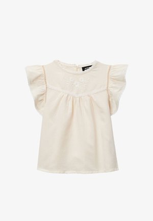 Blouse à manches courtes couleur crème avec broderie florale sur la poitrine, bordure en dentelle sur les manches et fermeture à boutons dans le dos.