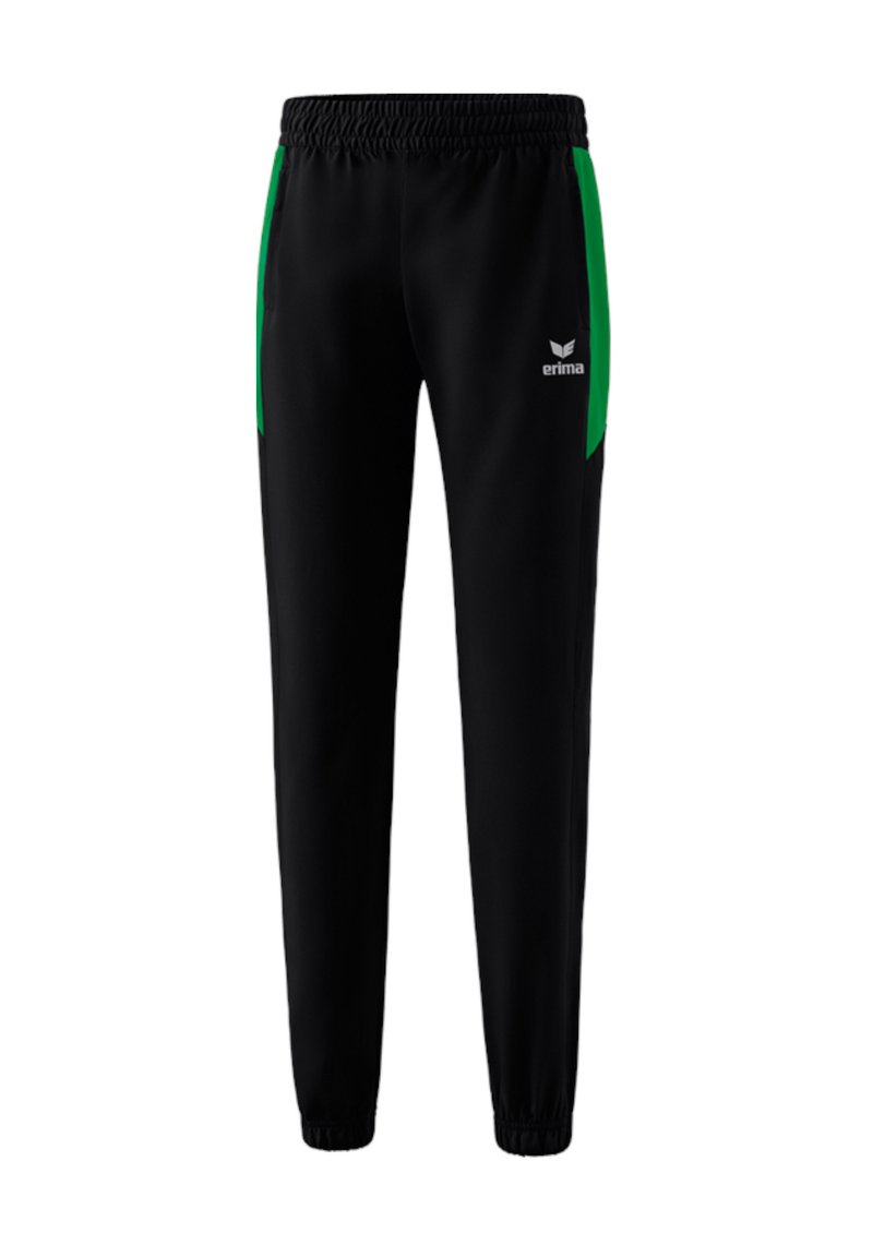 Pantalones deportivos negros con paneles laterales verdes, cinturilla elástica y puños ajustados. Presenta un logotipo blanco en la parte delantera derecha.
