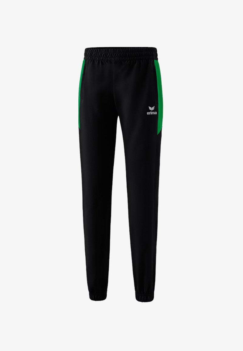 Schwarze Sporthose mit grünen seitlichen Einsätzen, elastischem Bund und schmalen Bündchen. Mit einem weißen Logo auf der Vorderseite rechts.