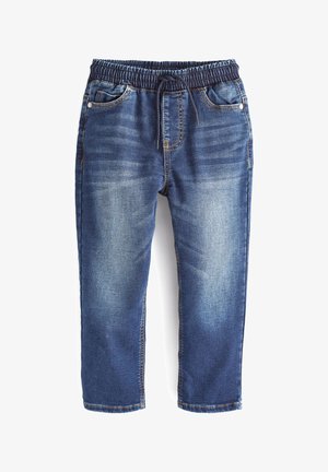 Jeans s temnim modrim elastičnim pasom, sprednjimi žepi in svetlimi detajli bledenja. Ima tudi vrvico za prilagodljivo prileganje.