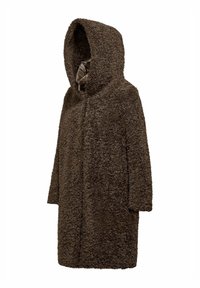 Bruine, pluizige capuchonjas met een gestructureerd oppervlak, lange mouwen en een knoopsluiting, met een gladde binnenvoering.