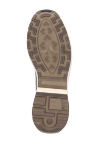 Schuhsohle mit einer strukturierten, gummiartigen Oberfläche. Merkmale ein Zickzackmuster und kreisförmige Details. Farbgestaltung umfasst braune und schwarze Akzente.