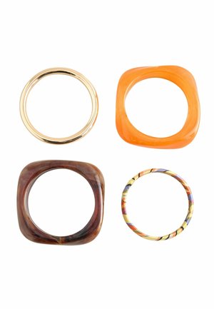 Four bangle bracelets in a 2x2 layout: gold round, orange rounded square, brown marbled rounded square, and multicolored round.