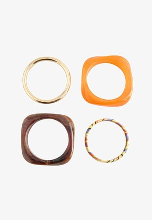 Four bangle bracelets in a 2x2 layout: gold round, orange rounded square, brown marbled rounded square, and multicolored round.