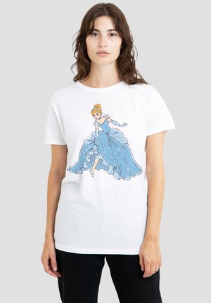 Weißes Baumwoll-T-Shirt mit einer Abbildung einer Prinzessin in blauer Kleidung. Kurze Ärmel, lässige Passform, schlichtes Design und weicher Stoff.
