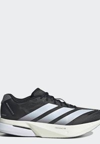 Chaussure de course Adidas Adizero Boston noire et blanche avec semelle Lightstrike Pro et trois bandes blanches sur le côté.