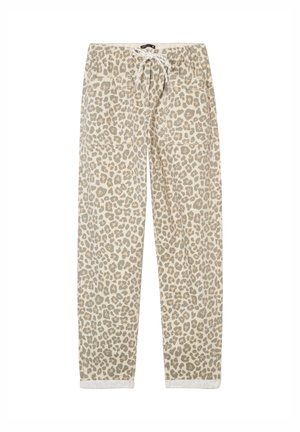 Pantalon à imprimé léopard beige et gris avec taille élastique, cordon de serrage à l'avant et deux grandes poches avant.