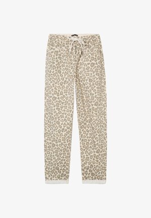 Pantalon à imprimé léopard beige et gris avec taille élastique, cordon de serrage à l'avant et deux grandes poches avant.