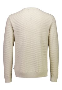 Cremfarbener gestrickter Pullover mit einem Rautenmuster, gerippten Ärmeln und Saum, langen Ärmeln und einem Rundhalsausschnitt.