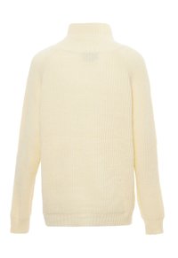 Pulover tricotat de culoare crem, cu guler înalt, textură cu nervuri și mâneci lungi; are umeri căzuți și un tiv strâns la baza.