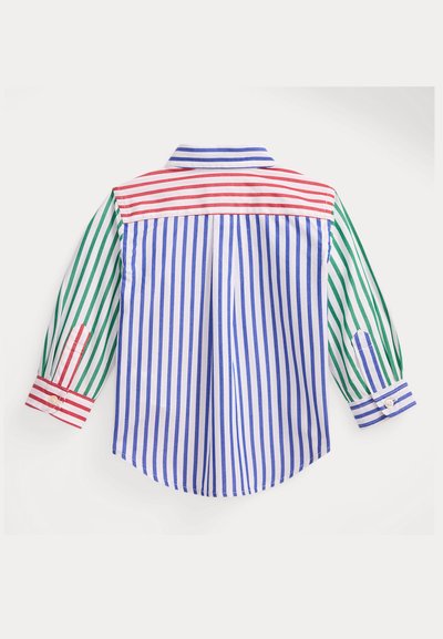 Randig skjorta med knappar, med vertikala blå, gröna och röda ränder. Har krage, långa ärmar och en rundad nederkant. Bomullstyg.